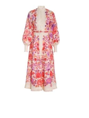 Zimmermann Cream with Pink and purple Floral Raie Billow Sleeve Midi Dress
